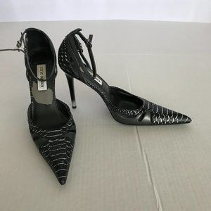 Steve Madden Black Baracuda Embossed Ulta Pointy Toe Spike Ankle Strap Heels Y2K